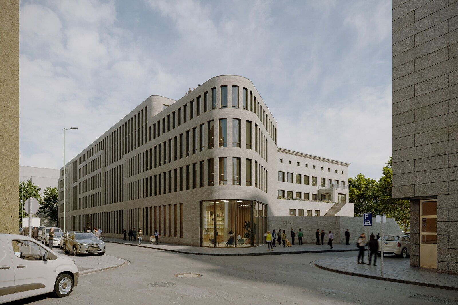 Visualisierung der geplanten Thalia-Zentrale in Dortmund: Neubau mit hellem Klinker, schmalen, hohen Fenstern und abgerundeter Geb&auml;udeecke